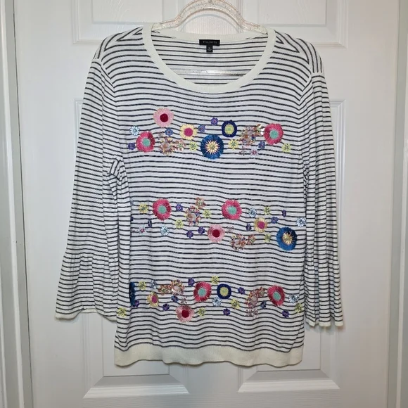 Talbots Floral Row Crewneck Stripes Embroidered Floral Sweater Women’s M Artsy - Picture 2 of 14